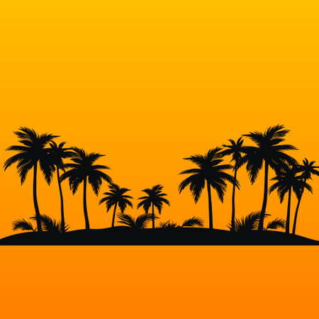 Silhouetted coconut palm trees at the beach vector illustration. Summer traveling and party at the beach concept flat designのイラスト素材