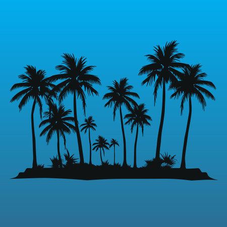 Silhouetted coconut palm trees at the beach vector illustration. Summer traveling and party at the beach concept flat designのイラスト素材