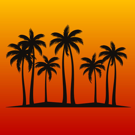 Silhouetted coconut palm trees at the beach vector illustration. Summer traveling and party at the beach concept flat designのイラスト素材