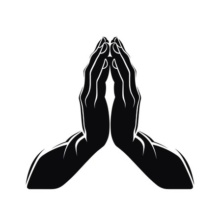 Hands in praying position. Prayer, faith and hope emblem. Hand drawn sketch vector illustrationのイラスト素材