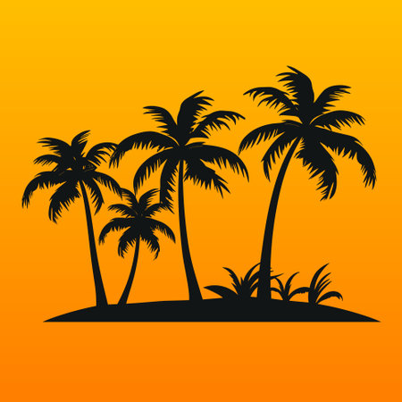 Silhouetted coconut palm trees at the beach vector illustration. Summer traveling and party at the beach concept flat designのイラスト素材