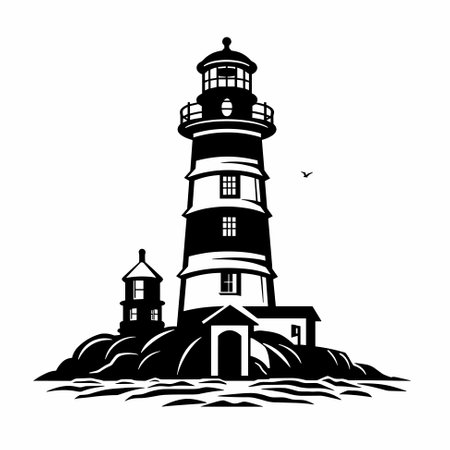 Lighthouse in the sea. Vector black and white illustration.のイラスト素材