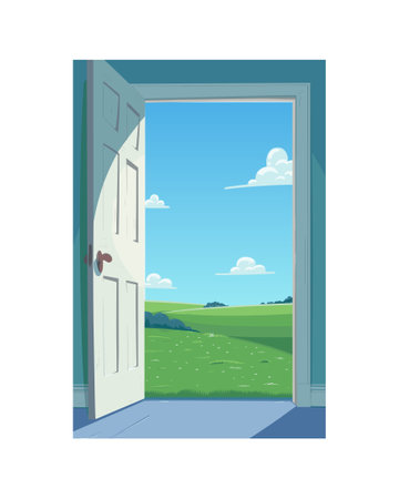 Open door with a sunny summer outside. Opportunity for future success. Happy ending or opportunity beyond the door. Vectorのイラスト素材