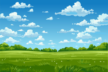 Summer spring landscape with blue sky above green meadows and pastures. Poster, background, wallpaper, invitation template. Vector illustration.のイラスト素材