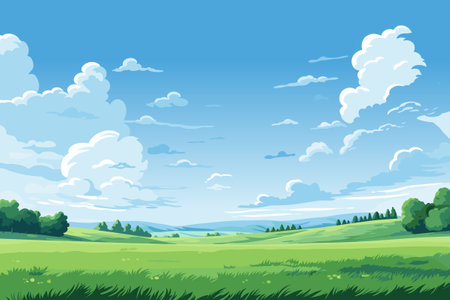 Summer spring landscape with blue sky above green meadows and pastures. Poster, background, wallpaper, invitation template. Vector illustration.のイラスト素材