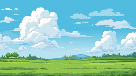 Summer spring landscape with blue sky above green meadows and pastures. Poster, background, wallpaper, invitation template. Vector illustration.のイラスト素材