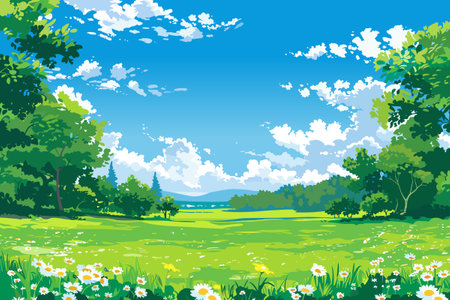 Summer spring landscape with blue sky above green meadows and pastures. Poster, background, wallpaper, invitation template. Vector illustration.のイラスト素材