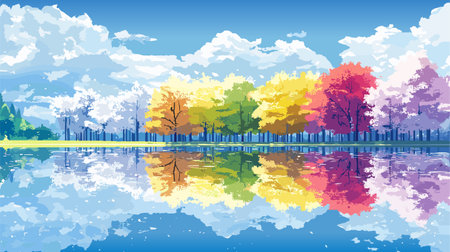 Abstract autumn landscape scenery with morning sky and cloud over multicolor trees with fall leaves, Vector banner wonderful picturesque background with yellow foliage, Cartoon Color Nature Fall season backgroundのイラスト素材