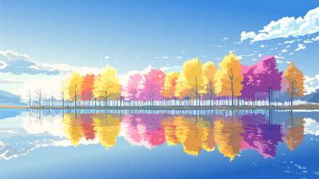 Abstract autumn landscape scenery with morning sky and cloud over multicolor trees with fall leaves,...