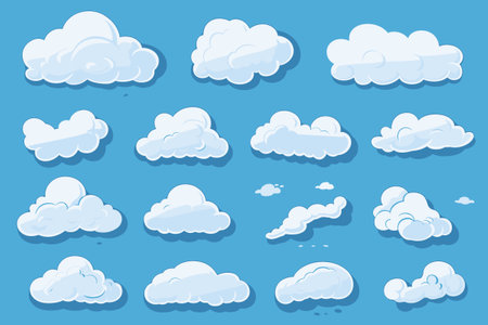 Set of cartoon clouds in a flat design. Fluffy white cartoon clouds in blue sky vector set.のイラスト素材