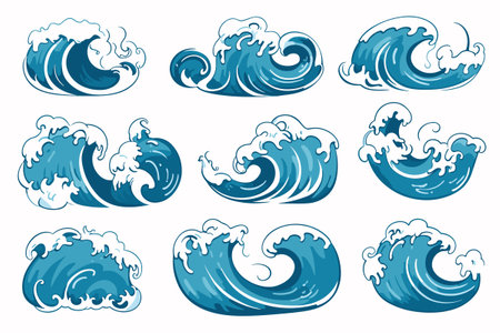 Vector sea waves collection. Illustration of blue ocean waves with white foam. Water splash set.のイラスト素材