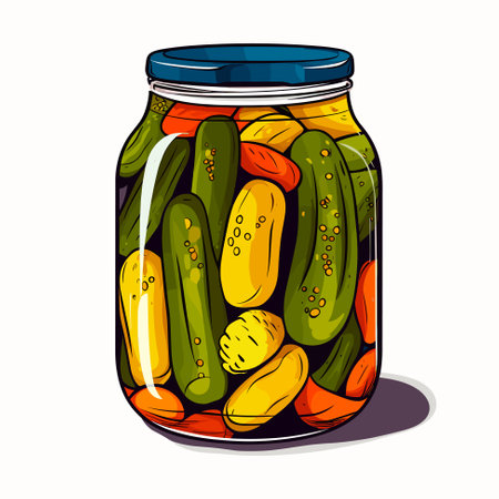 Homemade pickled cucumber. Delicious marinated vegetables. Healthy vegetarian foodのイラスト素材