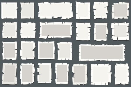 Paper pieces with torn edges - frame template. Vector illustration set of empty pages. Design mockup of blank sheet with rough border.のイラスト素材