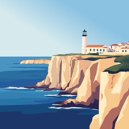 Lighthouse on sea shore, beacon building, nature ocean landscape with rocky coast under blue sky. Nautical seafarer, vector illustrationのイラスト素材