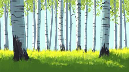 Birch grove. Panoramic landscape of a birch forest in summer. Vector illustration.のイラスト素材