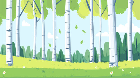 Birch grove. Panoramic landscape of a birch forest in summer. Vector illustration.のイラスト素材