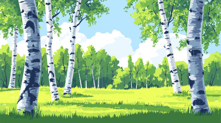 Birch grove. Panoramic landscape of a birch forest in summer. Vector illustration.のイラスト素材