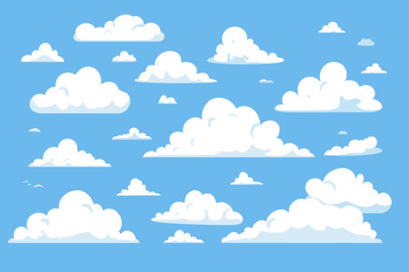 Fluffy Soft Cloud Cartoon Style Isolated on Blue Background Vector Setのイラスト素材