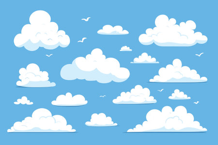 Fluffy Soft Cloud Cartoon Style Isolated on Blue Background Vector Setのイラスト素材