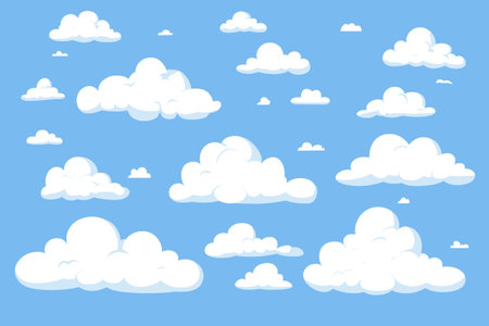 Fluffy Soft Cloud Cartoon Style Isolated on Blue Background Vector Setのイラスト素材