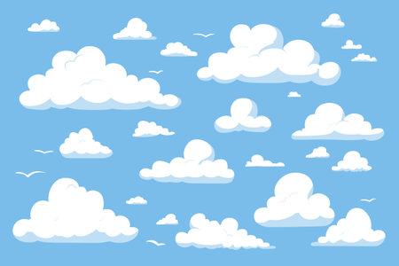 Fluffy Soft Cloud Cartoon Style Isolated on Blue Background Vector Setのイラスト素材