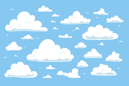 Fluffy Soft Cloud Cartoon Style Isolated on Blue Background Vector Setのイラスト素材