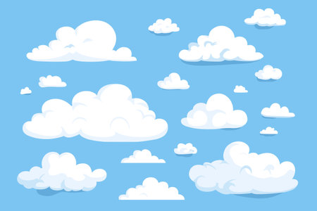 Fluffy Soft Cloud Cartoon Style Isolated on Blue Background Vector Setのイラスト素材