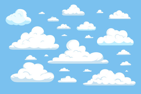 Fluffy Soft Cloud Cartoon Style Isolated on Blue Background Vector Setのイラスト素材