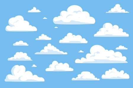 Fluffy Soft Cloud Cartoon Style Isolated on Blue Background Vector Setのイラスト素材
