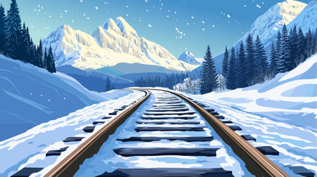 Railroad tracks stretch into the distance against a backdrop of snow-capped mountains. Winter, snow, a long road to adventure and experiences.のイラスト素材