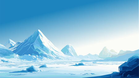 Arctic landscape with white mountains and glaciers. An icy stillness and cold serenity. Icy Arctic landscape under the northern sun. Vector panoramic illustration.のイラスト素材
