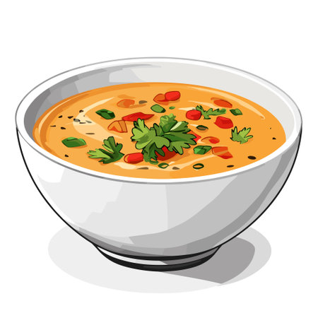 Soup in a bowl, a delicious homemade hot meal, isolated on white background. Vector cartoon style illustration.のイラスト素材