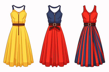 Set of various maxi Dress fashion vector illustration. Jersey sleeveless Dress fashion drawing template, front view.のイラスト素材