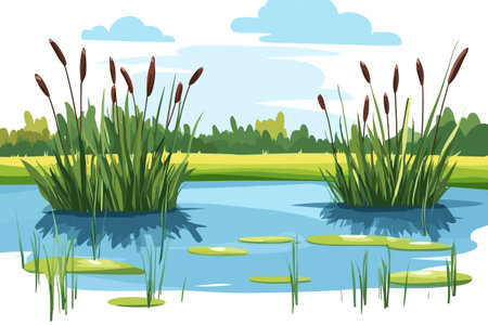 Swamp pond landscape with reed and cattail. Overgrown pond shore. Vectorのイラスト素材