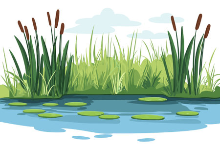 Swamp pond landscape with reed and cattail. Overgrown pond shore. Vectorのイラスト素材