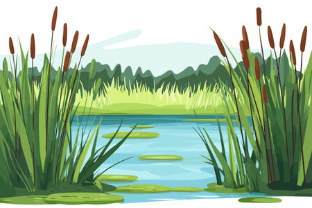 Swamp pond landscape with reed and cattail. Overgrown pond shore. Vectorのイラスト素材
