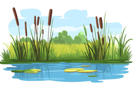 Swamp pond landscape with reed and cattail. Overgrown pond shore. Vectorのイラスト素材