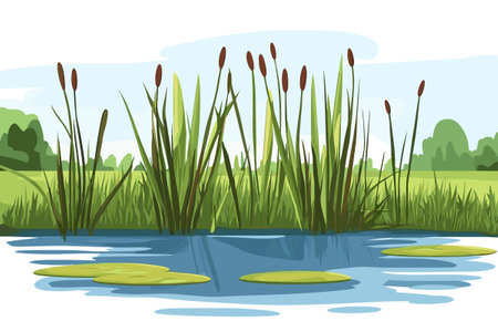 Swamp pond landscape with reed and cattail. Overgrown pond shore. Vectorのイラスト素材