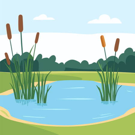 Swamp pond landscape with reed and cattail. Overgrown pond shore. Vectorのイラスト素材