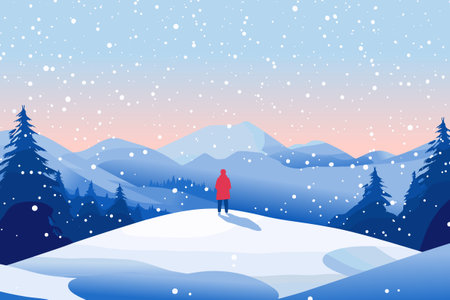 Solitary person standing pensively on the background of beautiful snowy winter landscape. Vector illustration in cartoon style.のイラスト素材