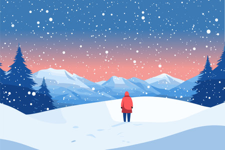 Solitary person standing pensively on the background of beautiful snowy winter landscape. Vector illustration in cartoon style.のイラスト素材