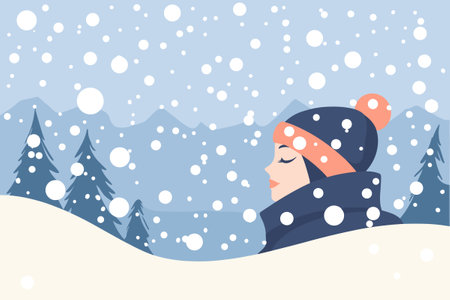 Girl with closed eyes standing pensively on the background of beautiful snowy winter landscape. Vector illustration in cartoon style.のイラスト素材