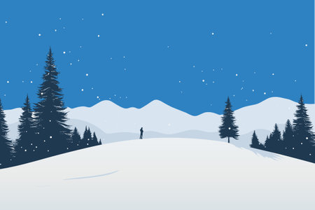Solitary person standing pensively on the background of beautiful snowy winter landscape. Vector illustration in cartoon style.のイラスト素材
