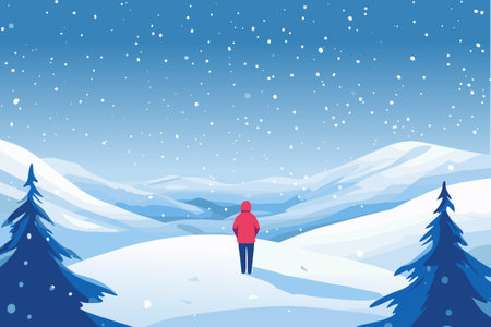 Solitary person standing pensively on the background of beautiful snowy winter landscape. Vector illustration in cartoon style.のイラスト素材