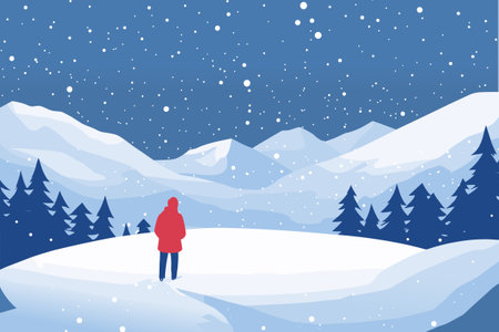 Solitary person standing pensively on the background of beautiful snowy winter landscape. Vector illustration in cartoon style.のイラスト素材