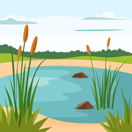 Swamp pond landscape with reed and cattail. Overgrown pond shore. Vectorのイラスト素材