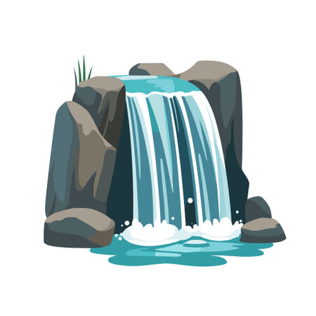 Waterfall vector illustration. Cartoon isolated cascades of mountain river or lake, stream falling on rocks and stoneのイラスト素材