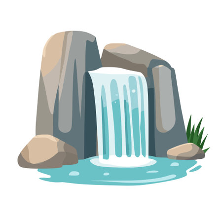 Waterfall vector illustration. Cartoon isolated cascades of mountain river or lake, stream falling on rocks and stoneのイラスト素材