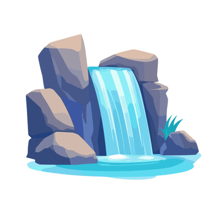 Waterfall vector illustration. Cartoon isolated cascades of mountain river or lake, stream falling on rocks and stoneのイラスト素材