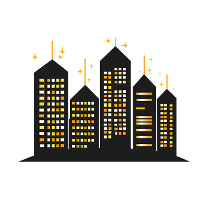 Black cityscape skyline panorama, night city, silhouettes of night houses with illuminated windows. Vector Illustrationのイラスト素材